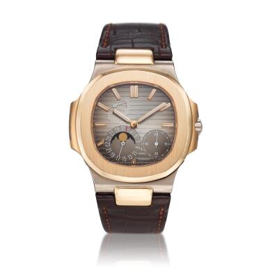 View full screen - View 1 of Lot 284. Reference 5712 Nautilus Retailed by Tiffany & Co.: A pink gold and white gold automatic wristwatch with date, moon phases and power reserve indication, Circa 2011.