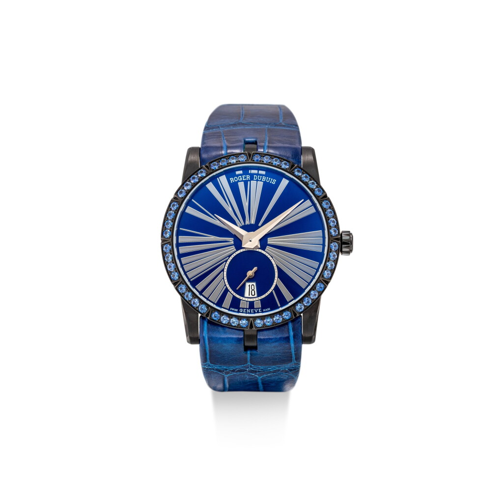 View full screen - View 1 of Lot 9268. Roger Dubuis | Excalibur 36, Reference DBEX0612, A limited edition blackened titanium and sapphire-set wristwatch with date, Circa 2017 | 羅杰杜彼 | Excalibur 36 型號DBEX0612 限量版黑色鈦金屬鑲藍寶石腕錶,備日期顯示,約2017年製.