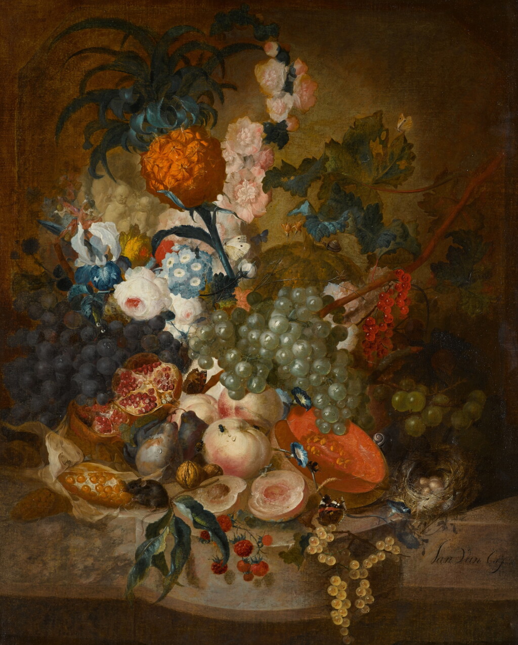 View full screen - View 1 of Lot 156. Still life of fruit and flowers, roses, morning glory, an iris and other flowers, with grapes, peaches, pears, a pineapple and other fruit, and a mouse, butterflies, snails and other insects, on a stone ledge.