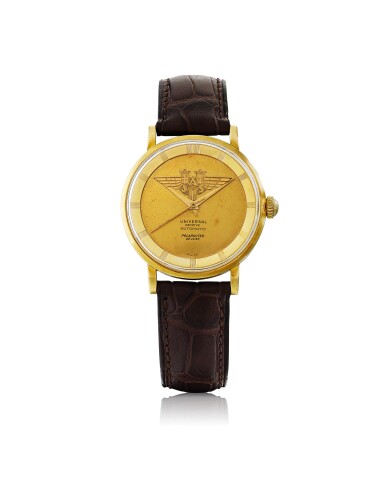View full screen - View 1 of Lot 32. UNIVERSAL GENÈVE | MADE FOR SCANDINAVIAN AIRLINES SYSTEM: POLAROUTER DELUXE, REF 10234/1 YELLOW GOLD WRISTWATCH CIRCA 1955.