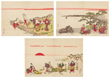 View full screen - View 1 of Lot 42. Katsukawa Shunsen (1762- circa 1830) | Three prints of women beside the shore | Edo period, 19th century.