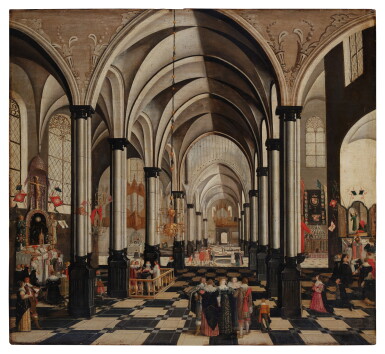 View full screen - View 1 of Lot 517. The interior of a church, with elegant figures gathered in the main aisle and Mass being said in a chapel at either side.