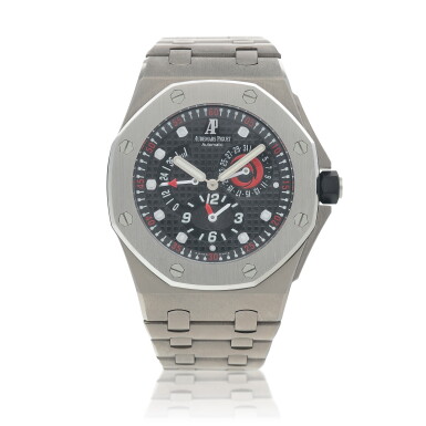 View full screen - View 1 of Lot 67. 'Alinghi' Royal Oak Offshore, Ref. 25995IP.O.1000TI.01 Titanium and platinum dual time zone wristwatch with power reserve, date and bracelet Circa 2003 | 愛彼 | 25995IP.O.1000TI.01型號「'Alinghi' Royal Oak Offshore」鈦金屬及鉑金兩地時間鍊帶腕錶備動力儲存及日期顯示,年份約2003.