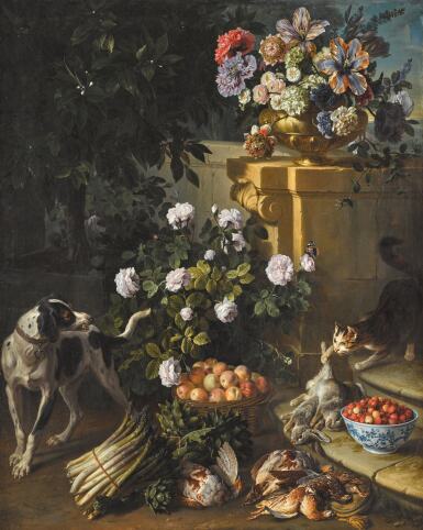 View full screen - View 1 of Lot 25. Still life with a dog and a cat in a garden landscape with game, flowers, a bunch of asparagus, a wicker basket of peaches and a blue and white porcelain bowl of wild strawberries.