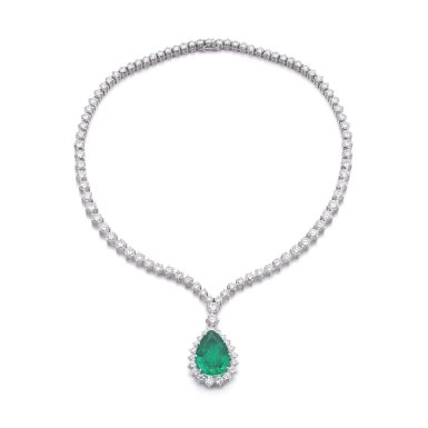 View full screen - View 1 of Lot 858. Emerald and diamond necklace.