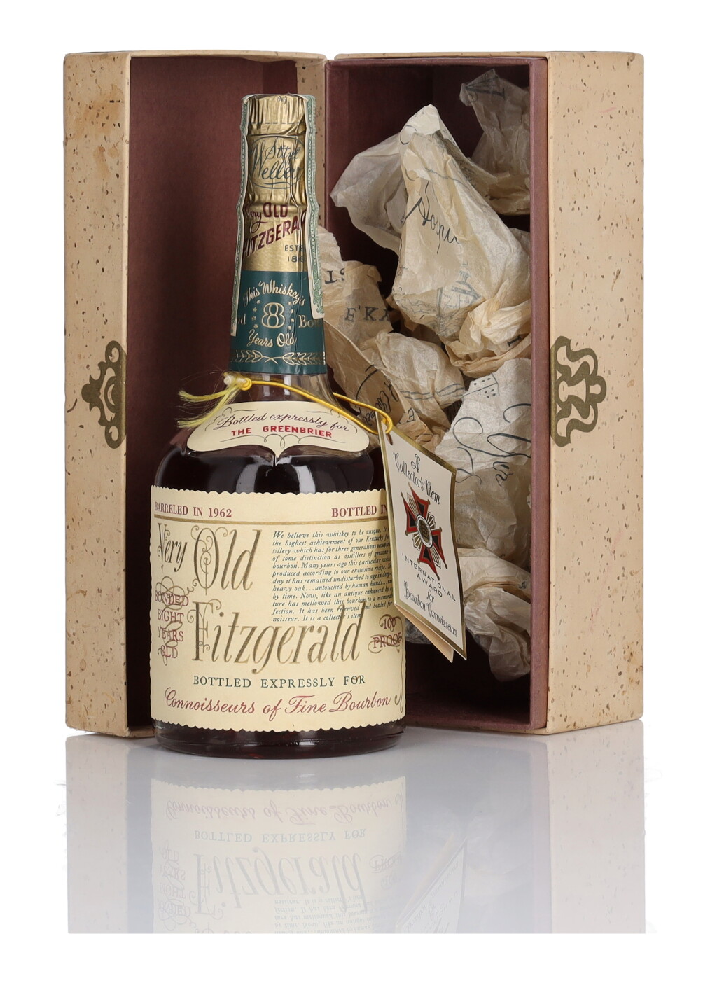 Voir en plein écran - Voir 1 du lot 219. Very Old Fitzgerald 8 Year Old Bottled In Bond 100 Proof 1962 (1 Bottle Half-Pint).