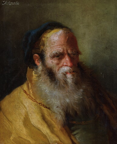 View full screen - View 1 of Lot 430. Head of a bearded man in a yellow robe and a blue cap, wearing a gold chain.