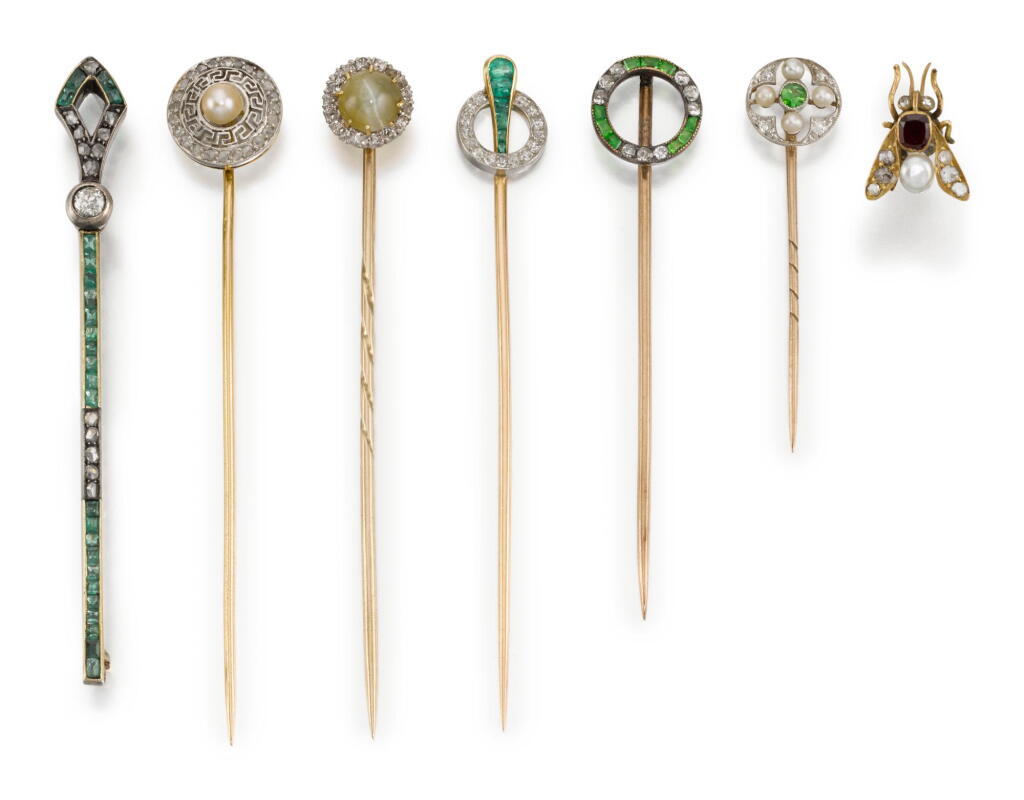 View full screen - View 1 of Lot 1006. FIVE GEM SET STICK PINS AND TWO BROOCHES, EARLY 20TH CENTURY.