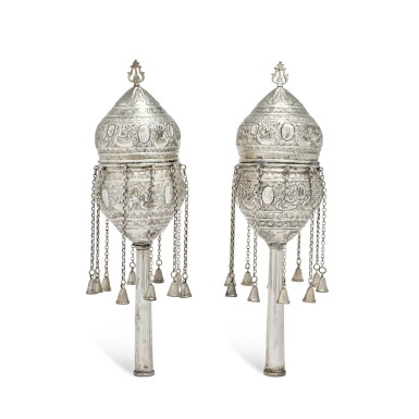 View full screen - View 1 of Lot 263. A Pair of Ottoman Silver Torah Finials, mid to late 19th century.