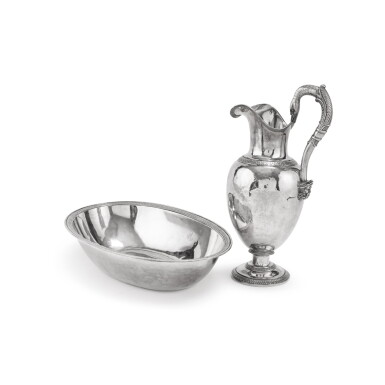 View full screen - View 1 of Lot 424. A silver ewer and basin, Louis Ruchman, Paris, 1819-1838 | Aiguière et son bassin en argent par Louis Ruchman, Paris, 1819-1838.