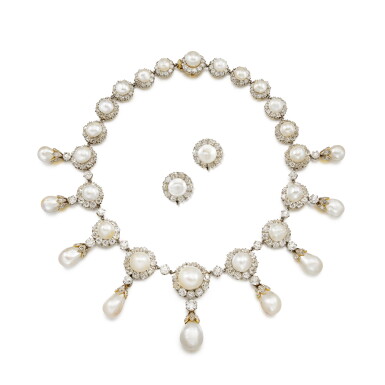View full screen - View 1 of Lot 1855. Natural Pearl and Diamond Demi-Parure, Late 19th Century | 天然珍珠 配 鑽石 項鏈 及 耳環套裝,十九世紀末.