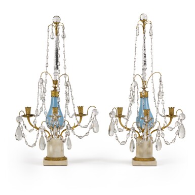 View full screen - View 1 of Lot 87. A pair of Russian gilt-bronze mounted blue and cut-glass white marble candelabra, attributed to Johann Zech, late 18th century.