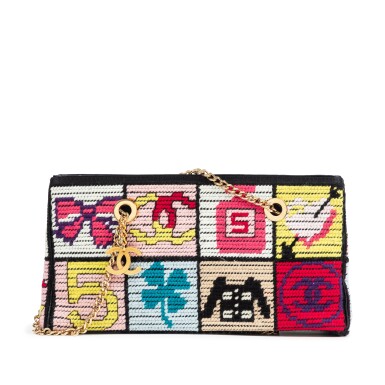 View full screen - View 1 of Lot 423. Multicolor Wool Precious Symbols Needle Point Pochette Gold Hardware, 2000-2002.