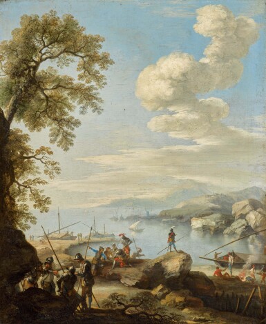 View full screen - View 1 of Lot 31. FOLLOWER OF SALVATOR ROSA | A COASTAL LANDSCAPE WITH SOLDIERS RESTING AND CONVERSING .