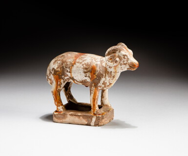 View full screen - View 1 of Lot 92. A sancai white-glazed pottery figure of a sheep with yellow spots, Tang dynasty | 唐 三彩白釉黃斑羊.