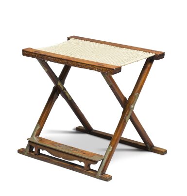 View full screen - View 1 of Lot 187. A huanghuali folding stool, jiaowu, Late Ming dynasty | 明末 黃花梨有踏床交杌.