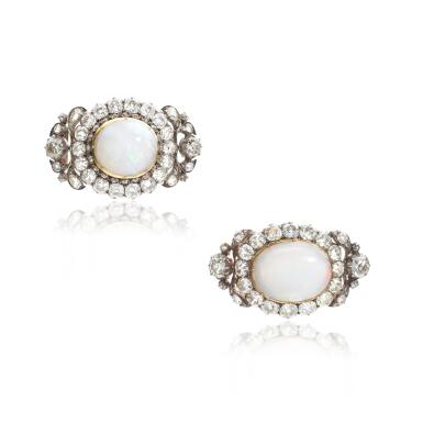 View full screen - View 1 of Lot 1025. Attractive pair of opal and diamond brooches, circa 1861 and later.