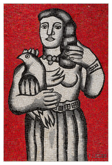 View full screen - View 1 of Lot 137. Femme à l'oiseau sur fond rouge.