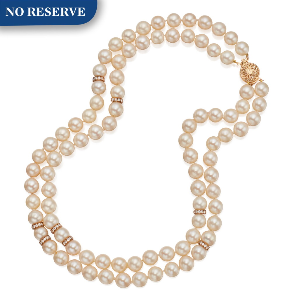 View full screen - View 1 of Lot 477. Gold, Cultured Pearl and Diamond Necklace.