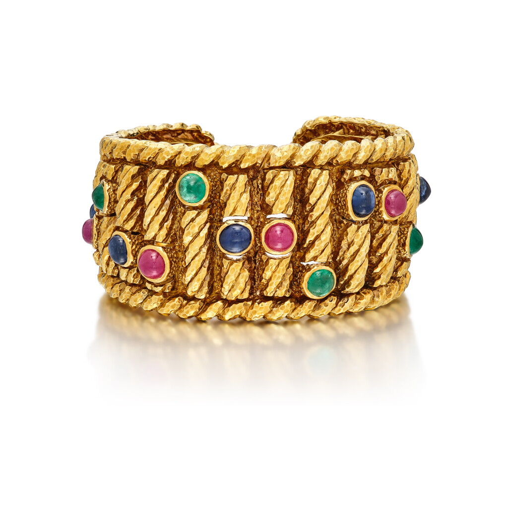 View full screen - View 1 of Lot 355. Gold and Colored Stone Cuff-Bracelet.