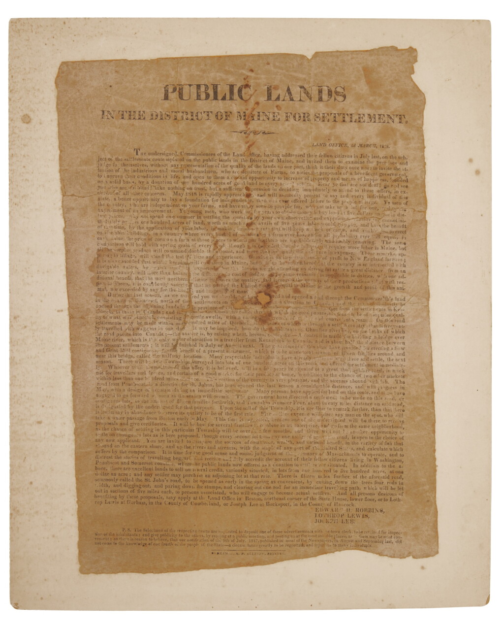 View full screen - View 1 of Lot 1032. (Maine) | Broadside encouraging settlement of public lands in the District of Maine, 1818.