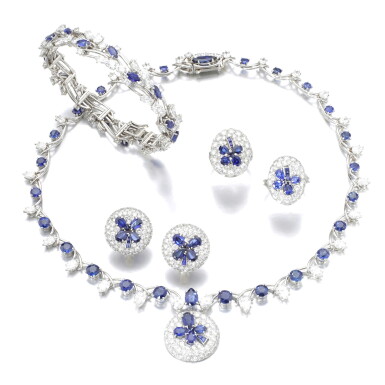 View full screen - View 1 of Lot 104. SAPPHIRE AND DIAMOND PARURE, CARTIER, CIRCA 1965 AND A RING.