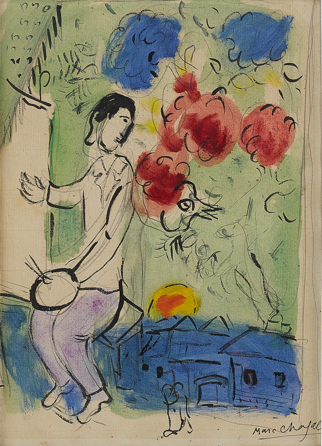 View full screen - View 1 of Lot 150. Artiste au dessus du village (Le Peintre au chevalet et au coq rouge).