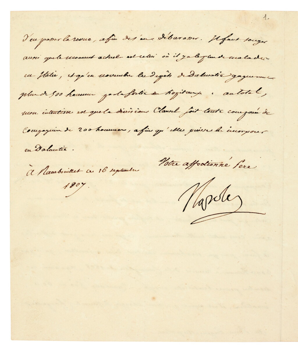 View full screen - View 1 of Lot 88. NAPOLEON I | letter signed, to Eugène de Beauharnais, about troop reinforcements in Dalmatia, 1807.