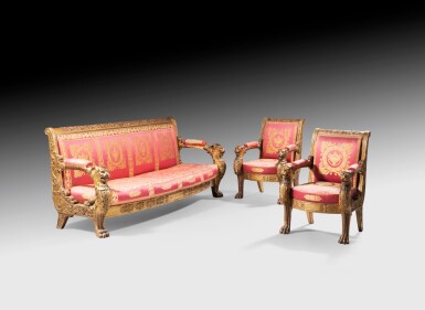 View full screen - View 1 of Lot 156. A set of giltwood seat furniture, Restauration, Louis XVIII, attributed to Pierre-Antoine Bellangé, Empire | Mobilier de salon en bois doré fin d'époque Restauration, Louis XVIII attribué à Pierre-Antoine Bellangé.