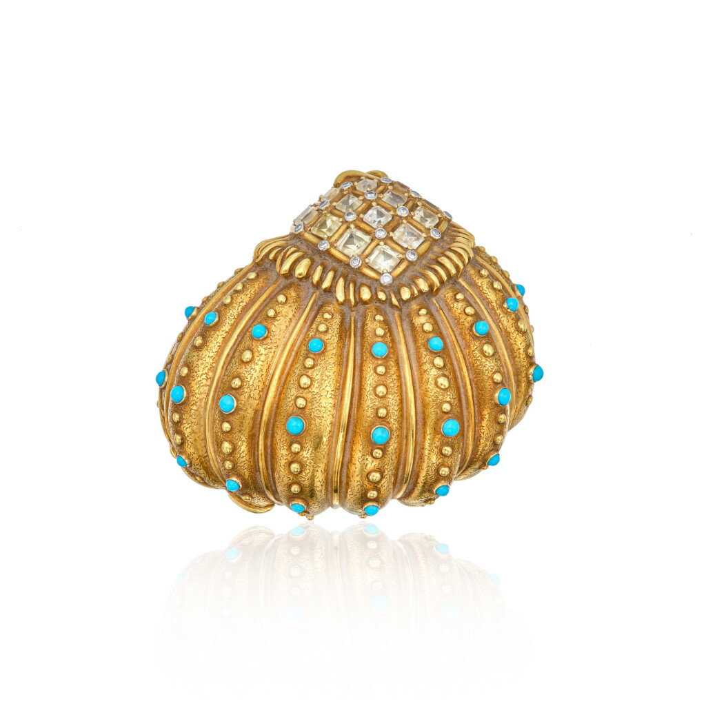 View full screen - View 1 of Lot 120. A Gold, Turquoise, Colorless Gemstone and Diamond Compact.