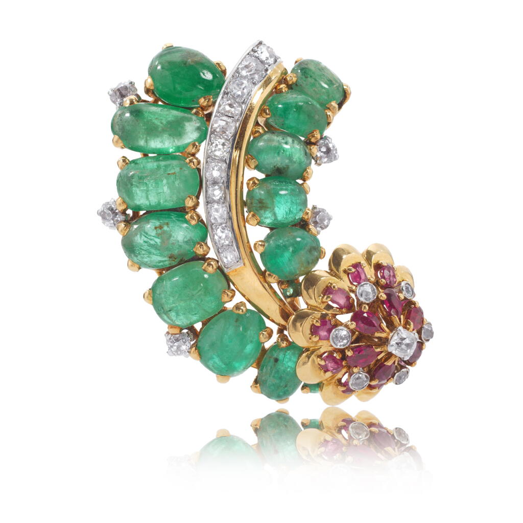 View full screen - View 1 of Lot 1101. Emerald, ruby and diamond brooch, 1950s.
