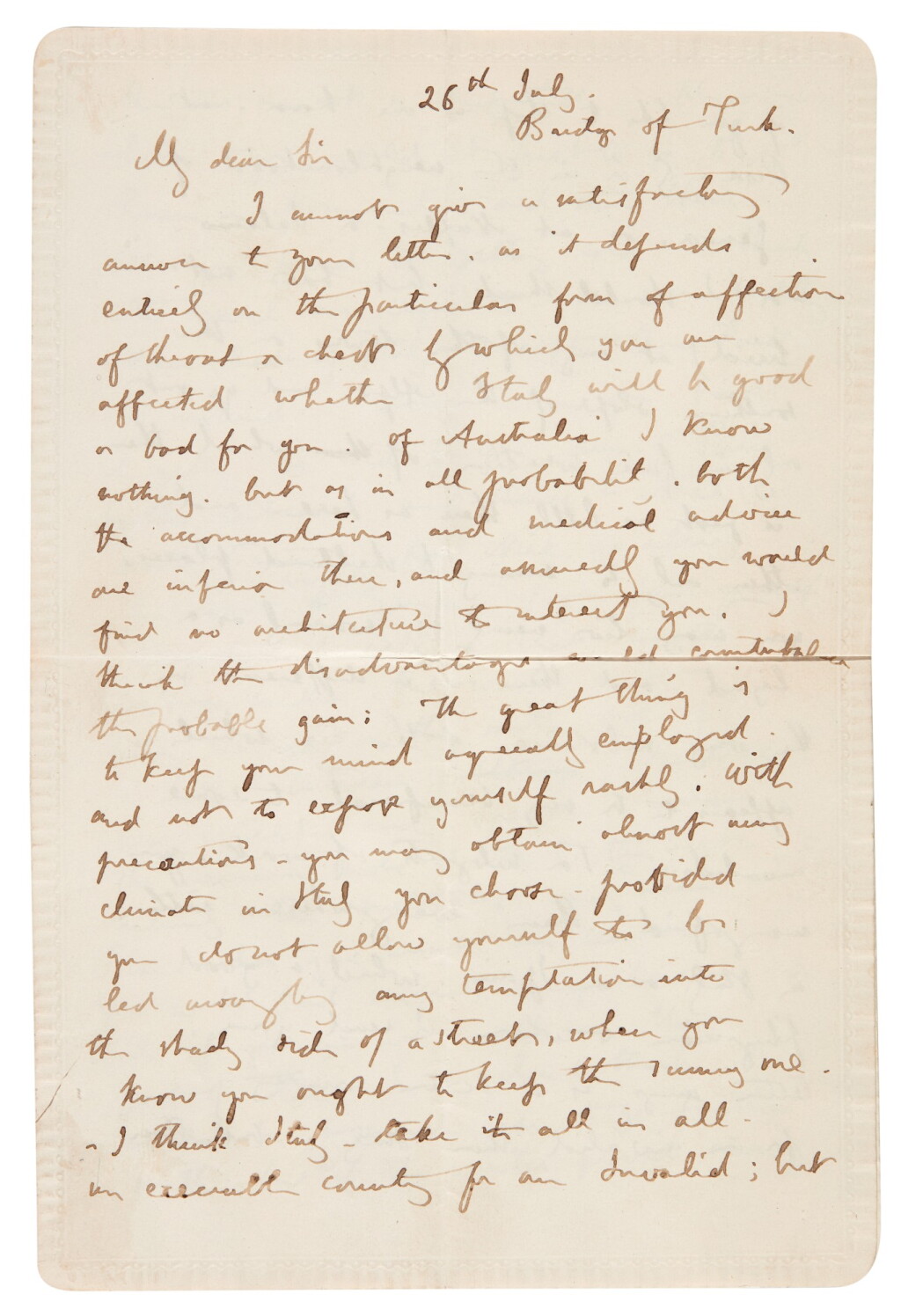 View full screen - View 1 of Lot 132. John Ruskin | Autograph letter signed, about travelling in Italy, Brig o'Turk, Scotland, 26 July 1853.