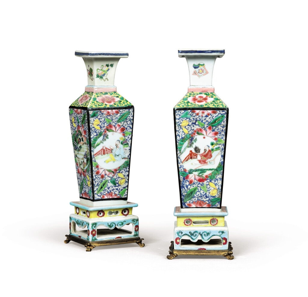 View full screen - View 1 of Lot 386. A pair of square-section famille-rose vases China, Qing Dynasty, Yongzheng period.