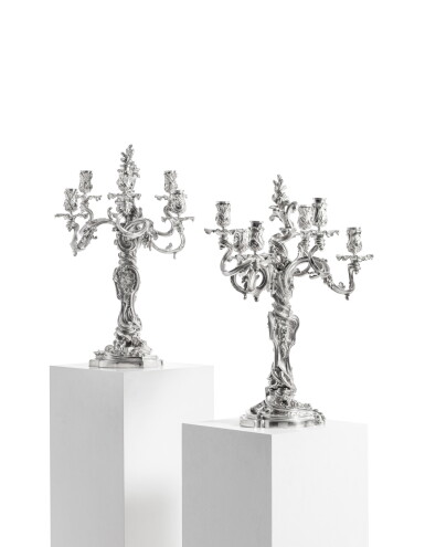 View full screen - View 1 of Lot 95. A Pair of French silver six-light candelabra, by Froment-Meurice, Paris, late 19th century.
