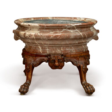 View full screen - View 1 of Lot 599. A GEORGE II WALNUT AND ROUGE ROYALE MARBLE WINE COOLER, CIRCA 1740.
