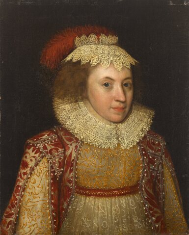 View full screen - View 1 of Lot 73. Portrait of a lady, bust-length, in a red, white and gold embroidered dress.