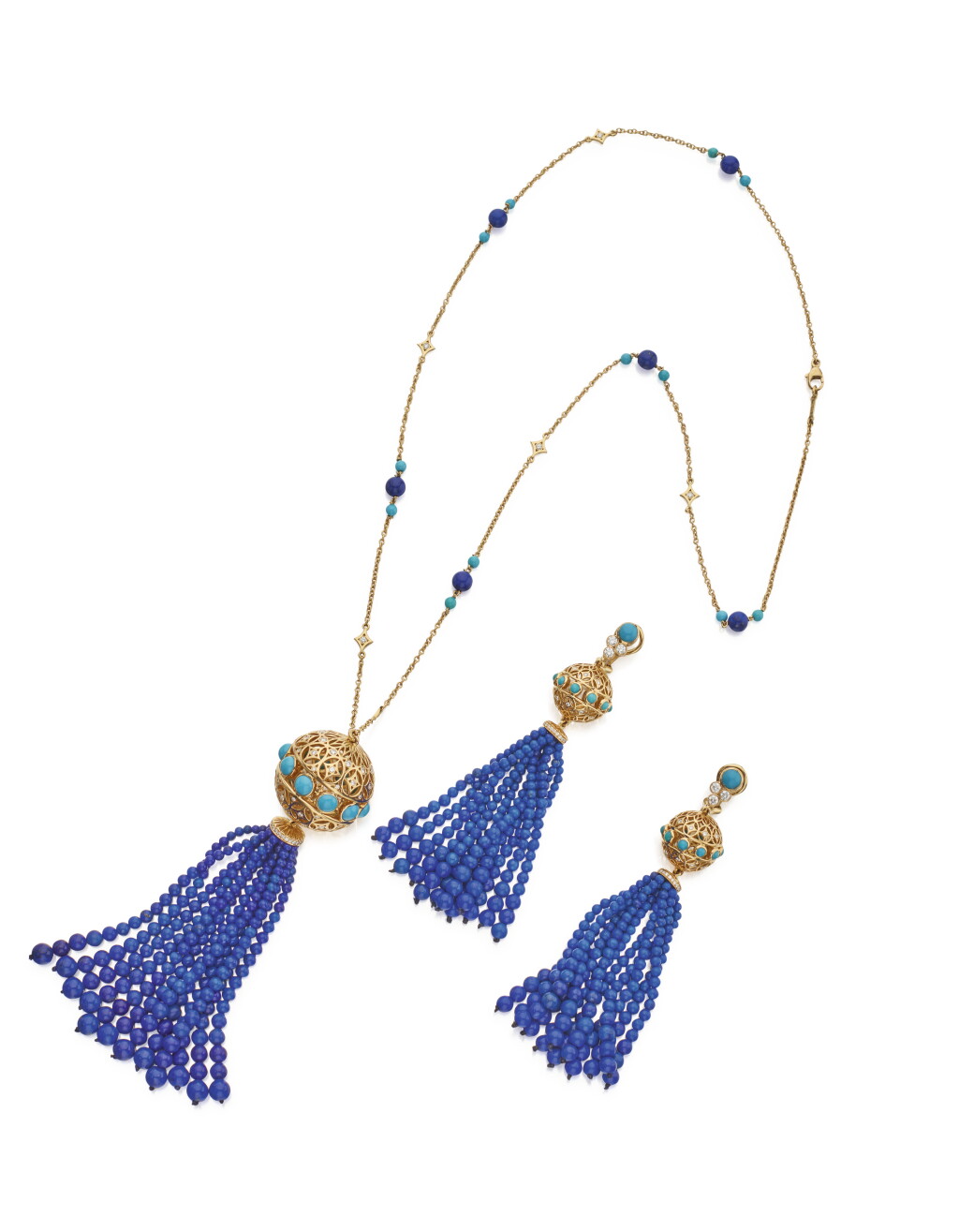 View full screen - View 1 of Lot 13. GOLD, LAPIS LAZULI, TURQUOISE AND DIAMOND 'TASSLE' PENDANT-NECKLACE AND PAIR OF EARCLIPS, PALOMA PICASSO FOR TIFFANY & CO..