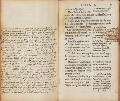 View full screen - View 1 of Lot 55. Psaumes de David. Genève Crespin, 1551. Trad. L. Budé. Ed originale. Exemplaire interfolié et annoté.