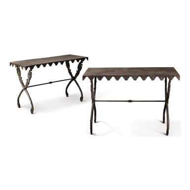 View full screen - View 1 of Lot 844. A PAIR OF EMPIRE STYLE CAST METAL X-FRAME CONSERVATORY TABLES, 20TH CENTURY.