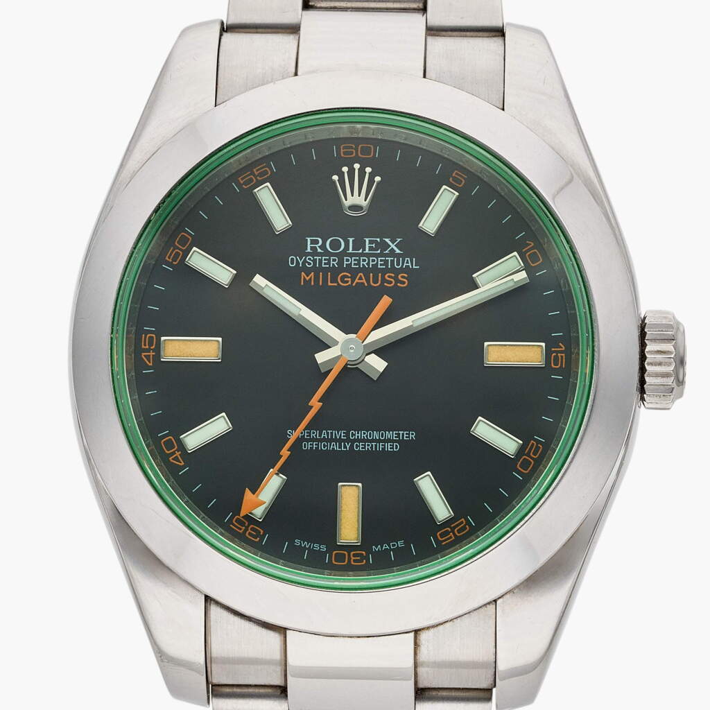 View full screen - View 1 of Lot 396. Reference 116400 Milgauss | A stainless steel automatic antimagnetic wristwatch with green sapphire crystal and bracelet, Circa 2008.