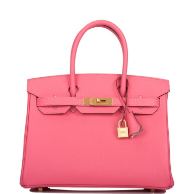 View full screen - View 1 of Lot 10. Hermès Horseshoe Stamp (HSS) Bicolor Rose Azalee and Gris Mouette Birkin 30cm of Epsom Leather with Brushed Gold Hardware .