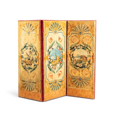 View full screen - View 1 of Lot 12. A Louis XV six-leaf screen, manufactory of the Savonnerie, first quarter of 18th century, representing the Fables of La Fontaine, after the designs by François Desportes for the animal series and Claude III Audran, made with two three-leaf screens weaved between 1711 and 1740 | Paravent à six feuilles, manufacture de la Savonnerie, premier quart du XVIIIe siècle, représentant des Fables d’après les cartons de François Desportes pour les scènes animalières et de Claude III Audran, composé de deux paravents à trois feuilles tissées entre 1711 et 1740.