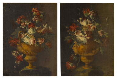 View full screen - View 1 of Lot 85. A still life of summer flowers including pink roses, in a gilt vase; and a still life of flowers, including narcissi and a lily in a gilt vase with a handle.