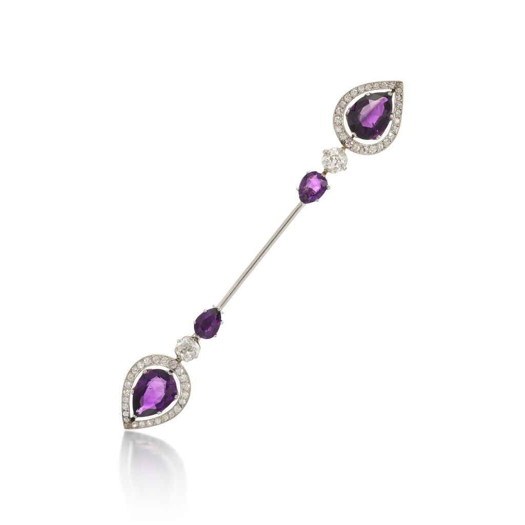 View full screen - View 1 of Lot 226. An amethyst and diamond jabot brooch, 1920s.