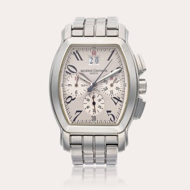 View full screen - View 1 of Lot 579. Reference 49145/339A Royal Eagle | A stainless steel tonneau-shaped automatic chronograph wristwatch with date and bracelet, Circa 2002.
