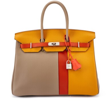 View full screen - View 1 of Lot 149. Limited Edition Gris Tourterelle and Moutarde Clemence and Sanguine Swift Cascade Birkin 35 Brushed Palladium Hardware, 2012.