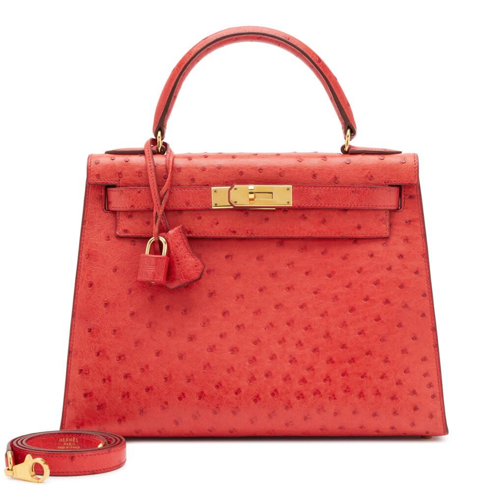 View full screen - View 1 of Lot 27. Vintage Rouge Vif Ostrich Sellier Kelly 28 Gold Hardware, 1996.