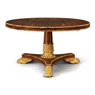 View full screen - View 1 of Lot 112. A REGENCY ROSEWOOD AND PARCEL-GILT TILT TOP BREAKFAST TABLE, CIRCA 1810.