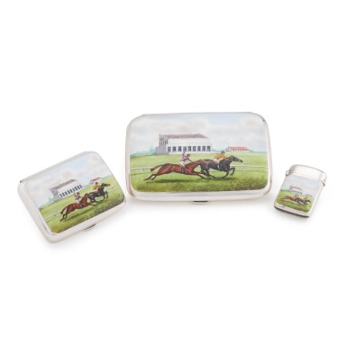 View full screen - View 1 of Lot 18. A rare Edwardian Epsom Derby silver smoking set, Henry Williamson Ltd, Birmingham, 1901/1902.