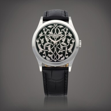 View full screen - View 1 of Lot 143. Calatrava, Reference 5088/100P-001 A platinum wristwatch with hand-engraved black enamel dial Circa 2022 |百達翡麗 | Calatrava 型號 5088/100P-001 鉑金腕錶,配人手雕刻黑色琺瑯錶盤,製作年份約 2022.